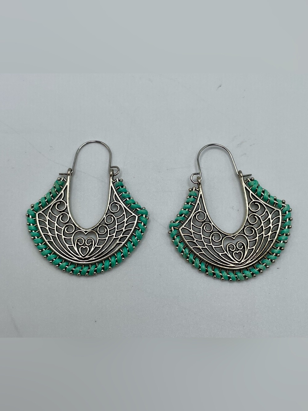Green & Silver Filigree Statement Earrings Like New